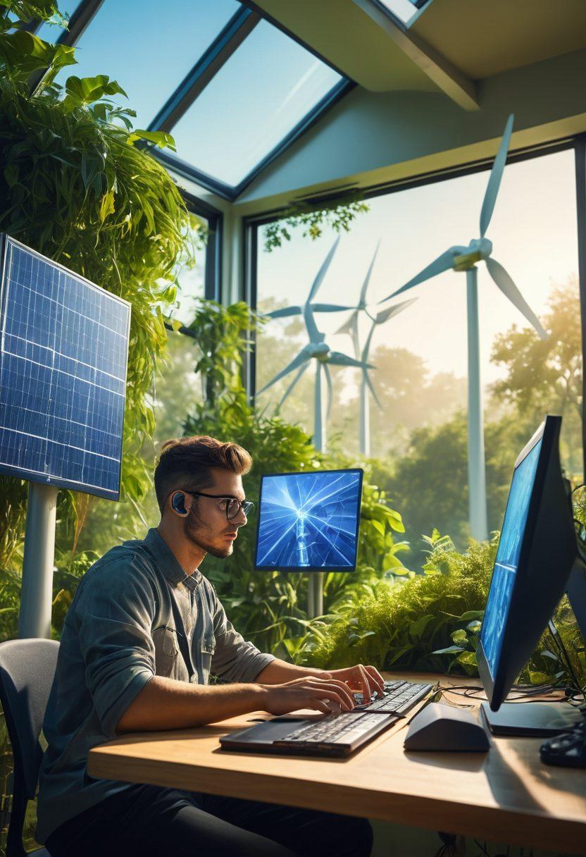 A futuristic web developer coding on a computer surrounded by lush greenery, solar panels, and wind turbines. The workspace is filled with natural light and eco-friendly materials. Trees and plants are integrated seamlessly with technology, symbolizing harmony between innovation and nature. painting. vibrant colors.