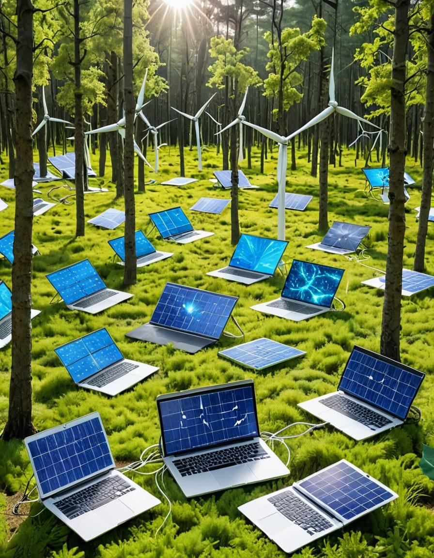 A blend of nature and technology, featuring a lush green forest with digital circuitry intertwined among the trees and leaves. Solar panels and wind turbines are seamlessly integrated into the scenery. A thriving ecosystem coexists harmoniously with modern tech gadgets like laptops and smartphones running on green energy. futuristic and eco-friendly atmosphere. super-realistic. vibrant colors. white background.