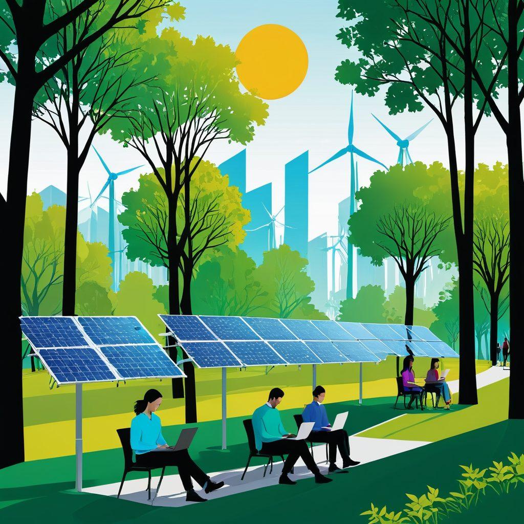 A lush, green digital cityscape with eco-friendly technology, solar panels, and wind turbines integrated into an urban environment. Trees intertwined with data streams and servers, symbolizing harmony between nature and technology. Diverse people working on laptops and mobile devices under the shade of trees. clean and modern. vibrant colors. vector art.